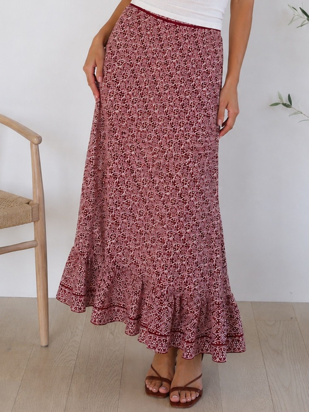 Max Studio Burgundy and Cream Printed Maxi Skirt with Ruffle Hem